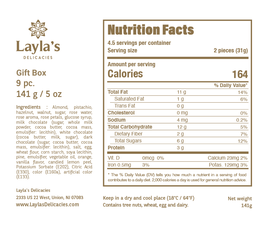 Nutrition facts for 9-piece Mediterranean gift box – a large collection of vegan, gluten-free handcrafted sweets.