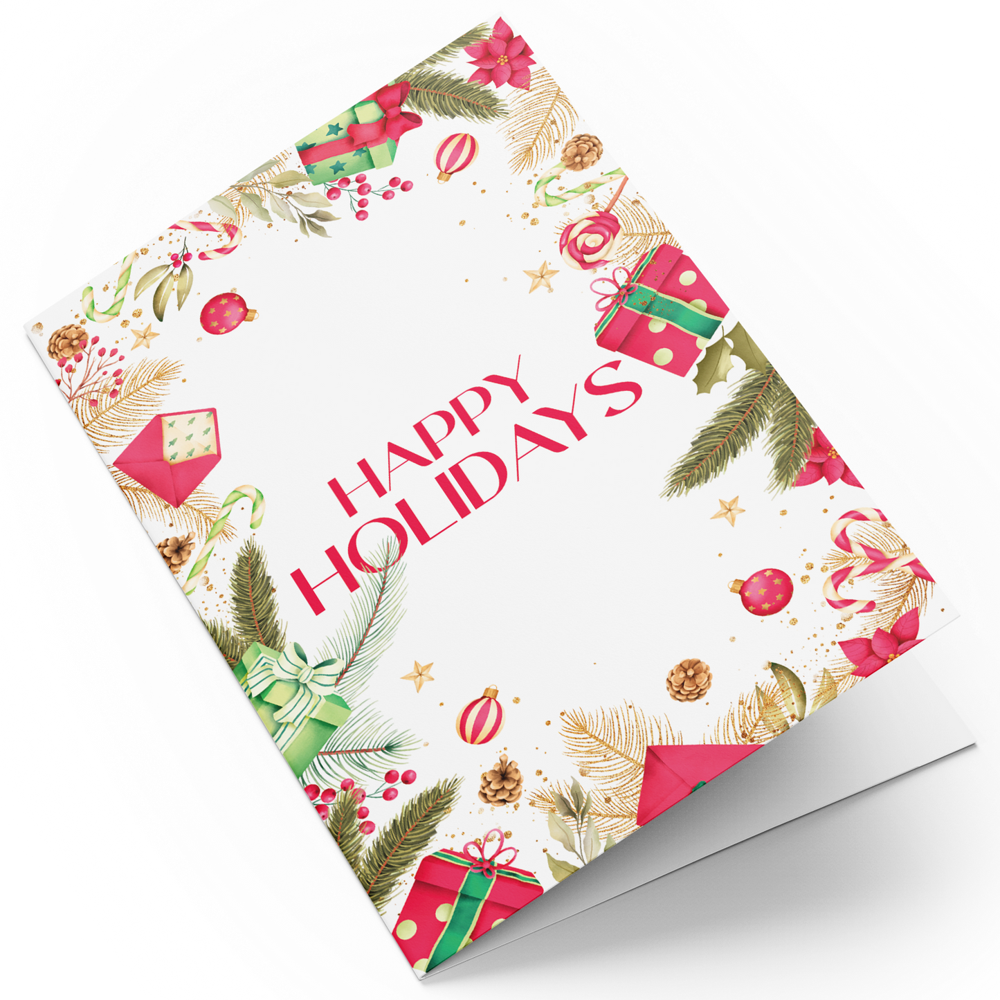 Greeting card with Christmas-themed design and 'Happy Holidays' text on a white background