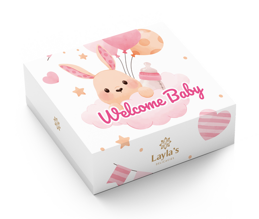 Baby shower favor box for girls | Pink sleeve with 3 handcrafted vegan treats.
