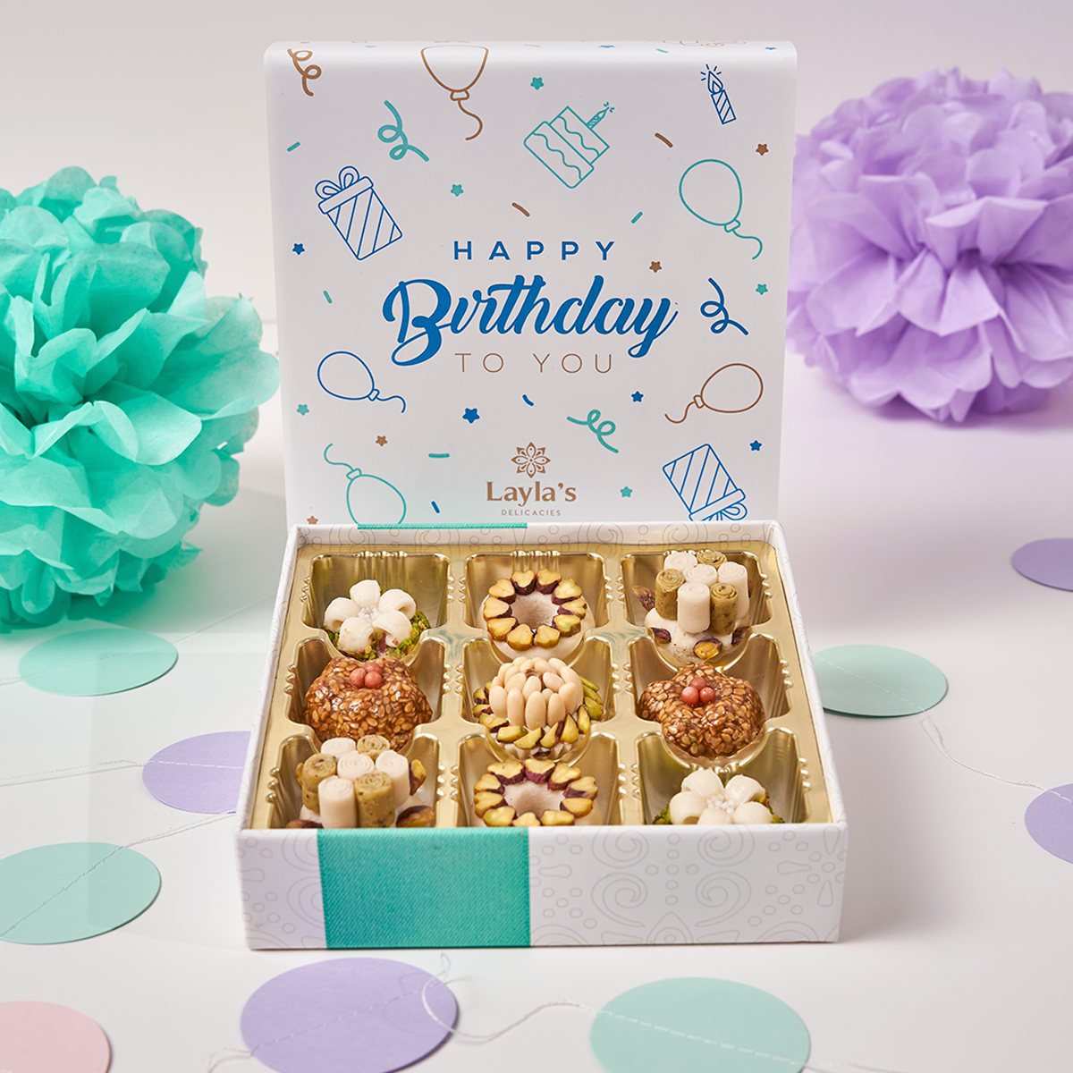 Happy Birthday Gift Box, 9 Pc. at Layla's Delicacies, image size:1200x1200