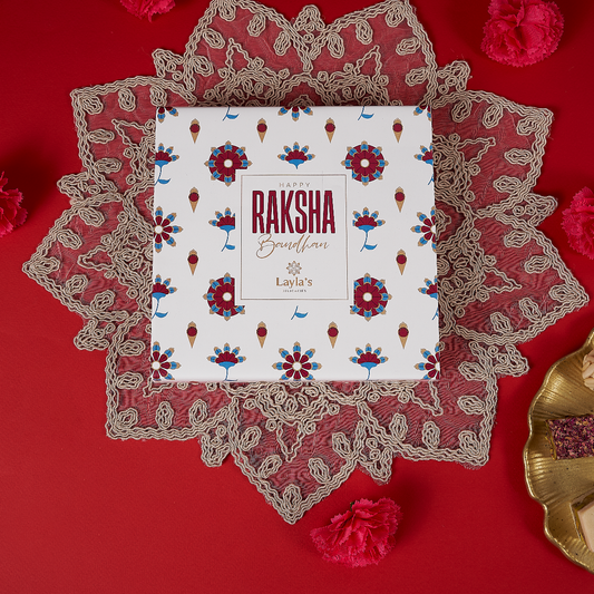 Traditional Rakhi box with gourmet sweets – closeup on the sleeve, perfect gift for brothers, sisters, and cousins in the US