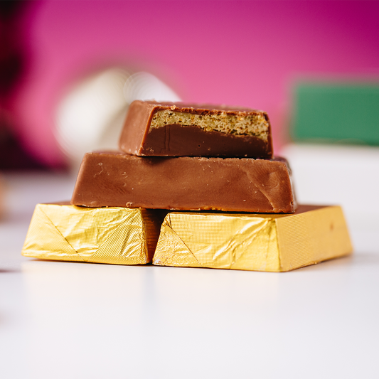 Valentine's Dubai Chocolate pieces closeup on a white surface
