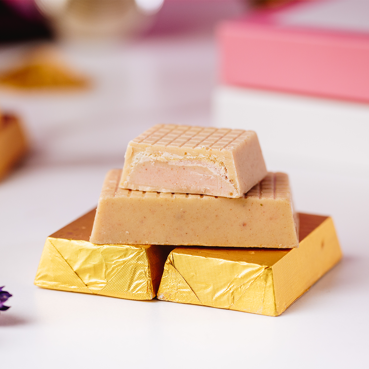 Valentine's Angel hair Dubai Chocolate pieces on a white surface