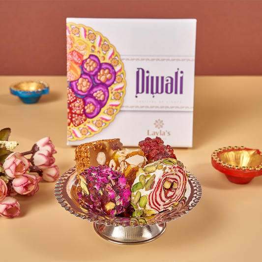 Festive Diwali Lokum Special gift box on a celebratory table, showcasing handcrafted vegan sweets.