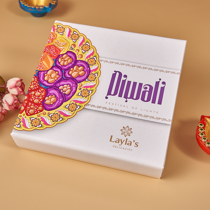 Diwali Lokum Special 9-piece vegan gift box, elegantly closed, festive Diwali packaging.