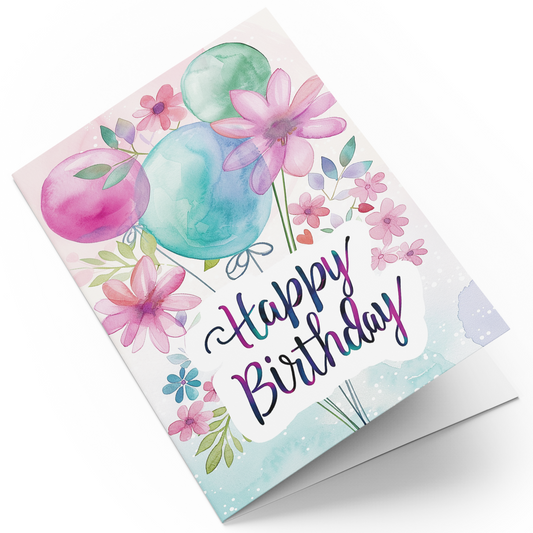 Birthday card with colorful flowers and 'Happy Birthday' text on a white background
