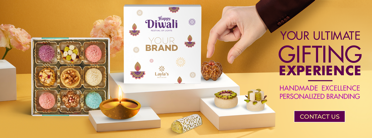Corporate Diwali gift boxes from Layla’s Delicacies, handmade and branded with your company logo