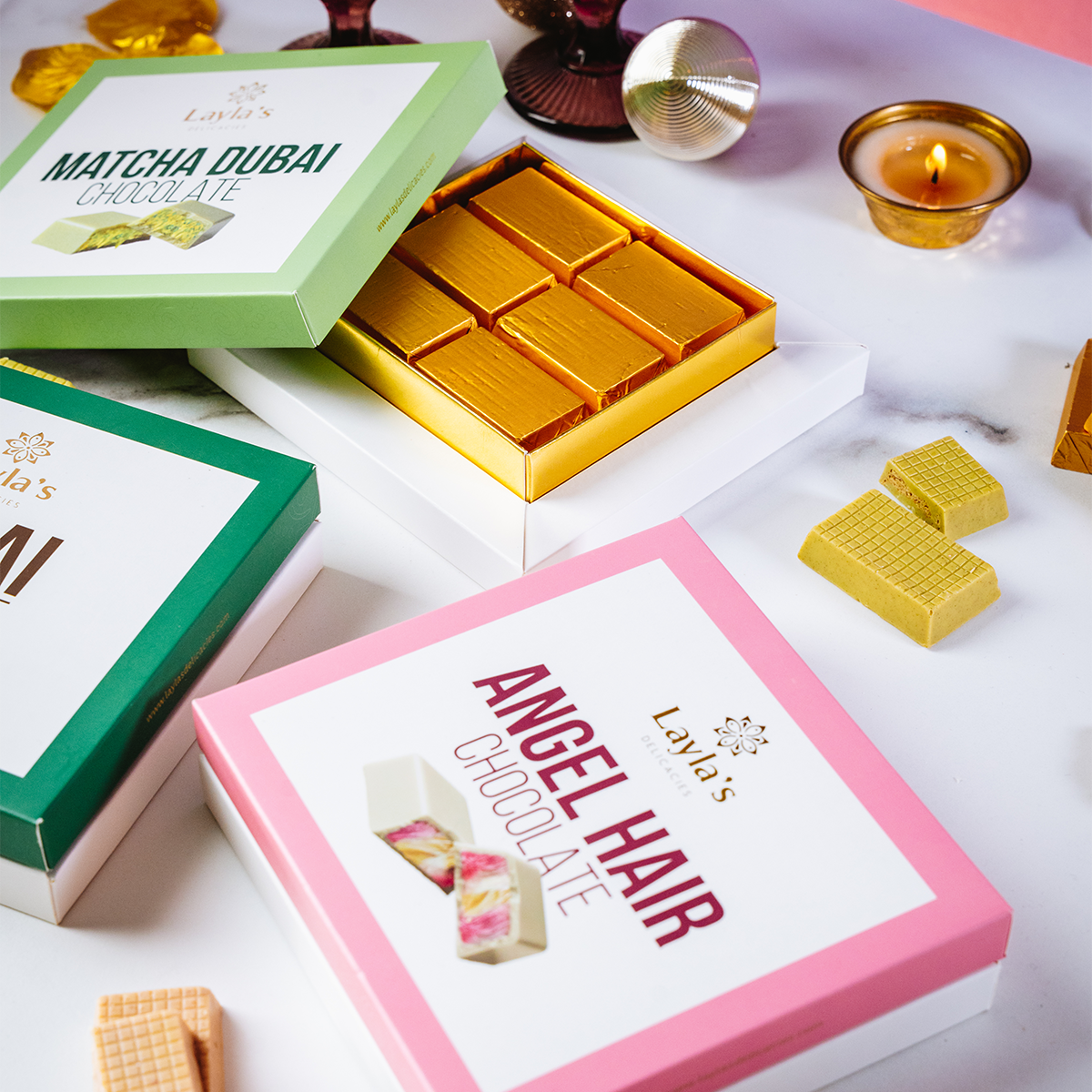 Layla's Dubai chocolate collection for valentine's day including angel hair chocolate, matcha Dubai chocolate, and Dubai chocolate 
