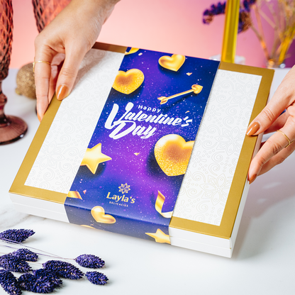 Valentine's Day signature chocolate gift box with decorative design and 'Happy Valentine's Day' sleeve.