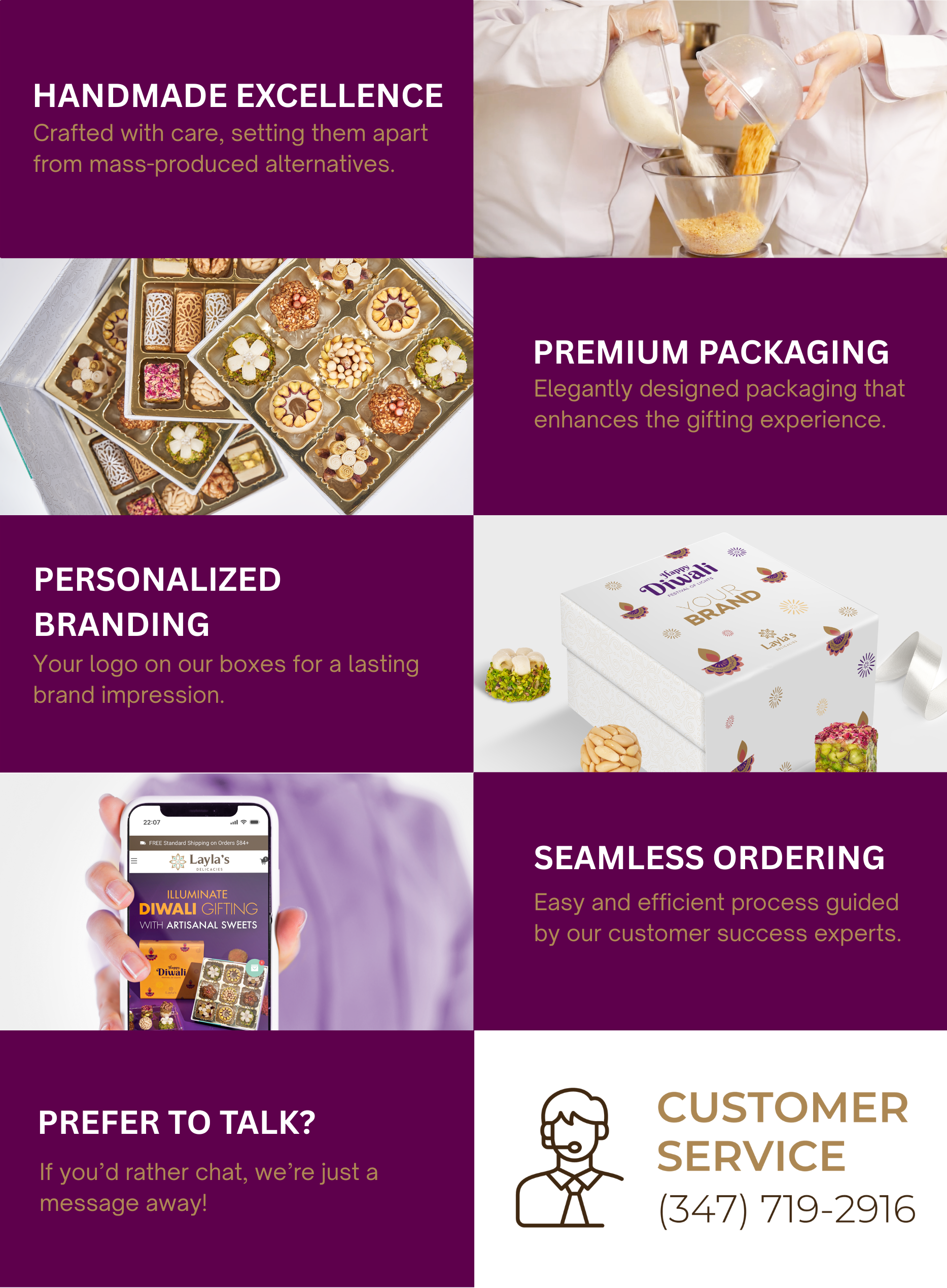 Graphic to show the options available with Layla's Delicacies Corporate gifting for Diwali, such as personalized branding, premium packaging, handmade vegan sweets