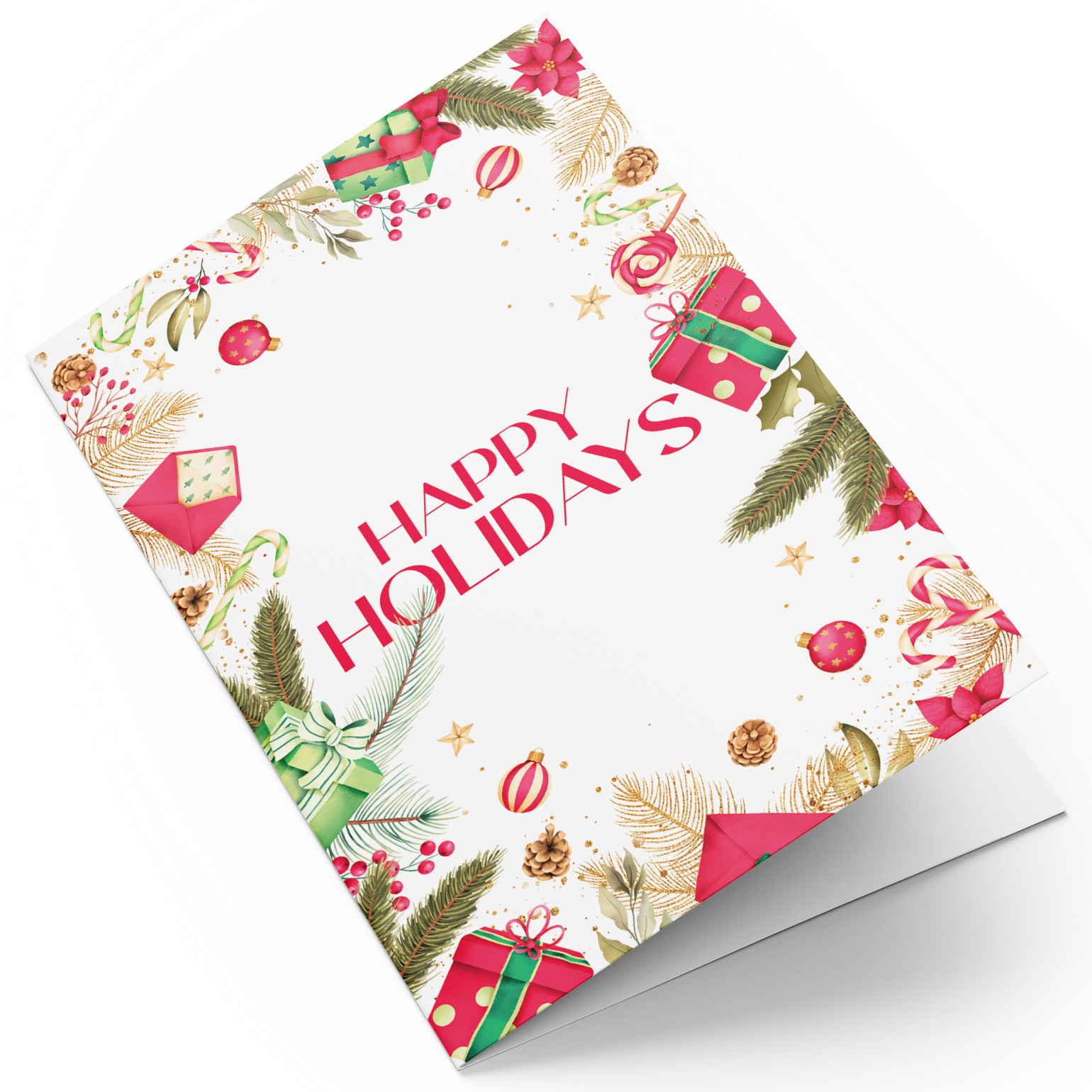 Greeting card with Christmas-themed design and 'Happy Holidays' text on a white background