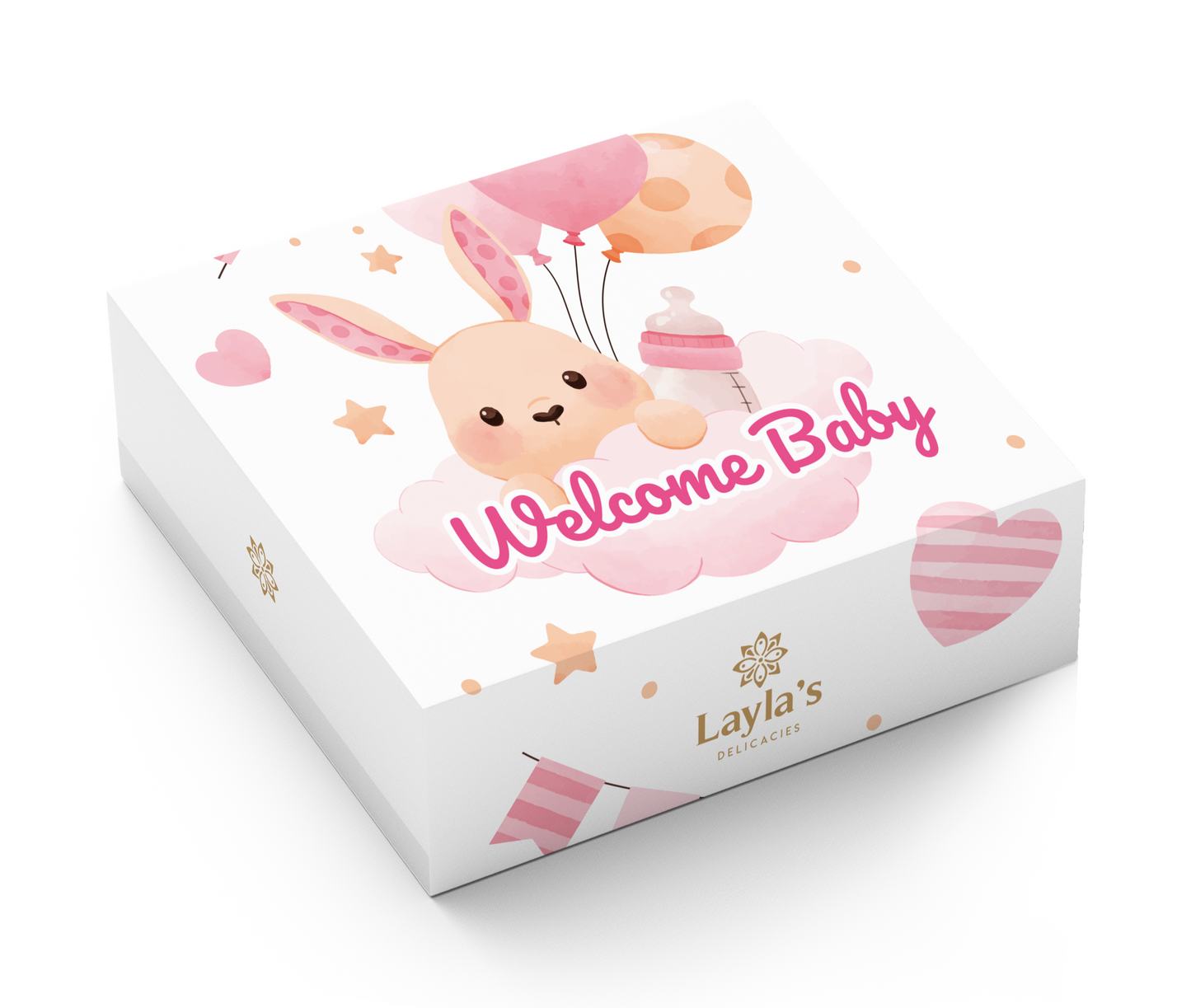 Baby shower favor box for girls | Pink sleeve with 3 handcrafted vegan treats.