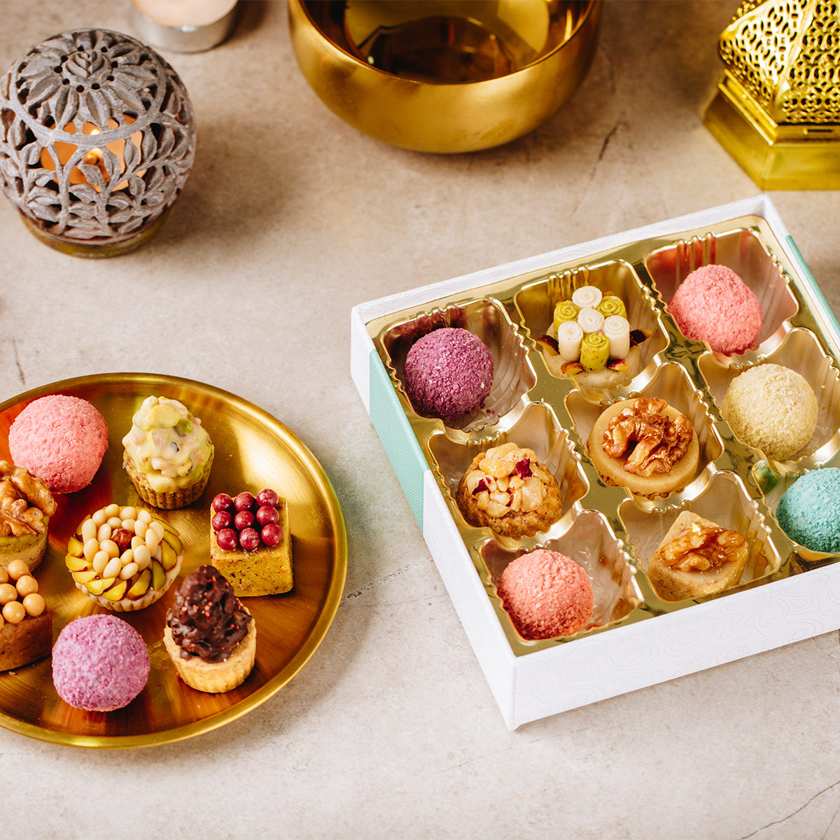 Handmade Mediterranean sweets in a 9 pieces gift box presented on a counter