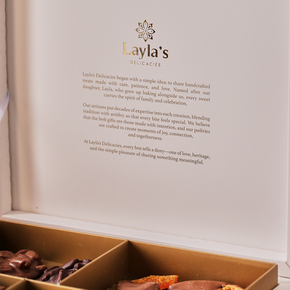 Layla’s Delicacies gift box highlighting handcrafted treats made with love and care, celebrating family, tradition, and moments of joy