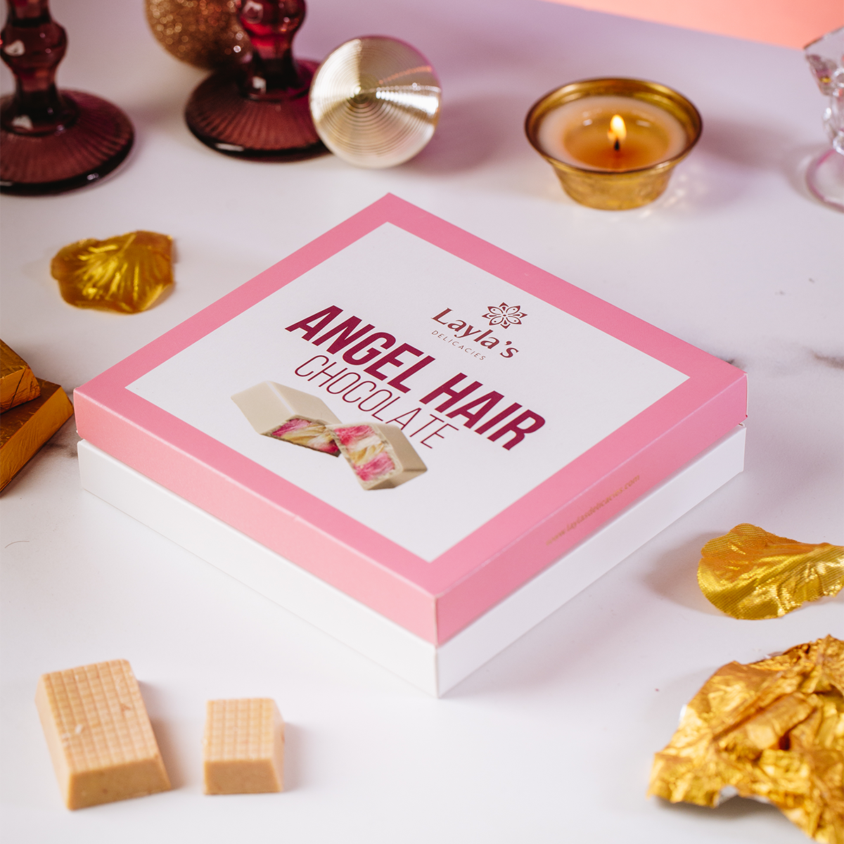 Valentine's gift Box of Layla's Angel Hair Dubai Chocolate with chocolate bars on a white surface  