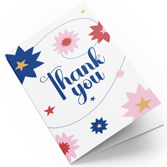 Greeting card with 'Thank you' text and floral designs on a white background